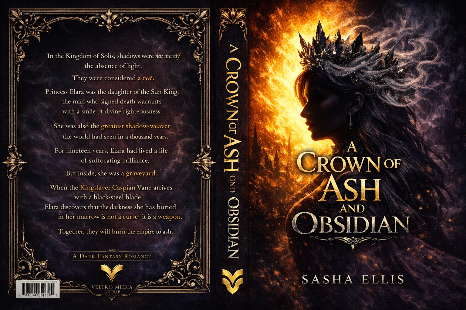 The full cinematic spread of A Crown of Ash and Obsidian